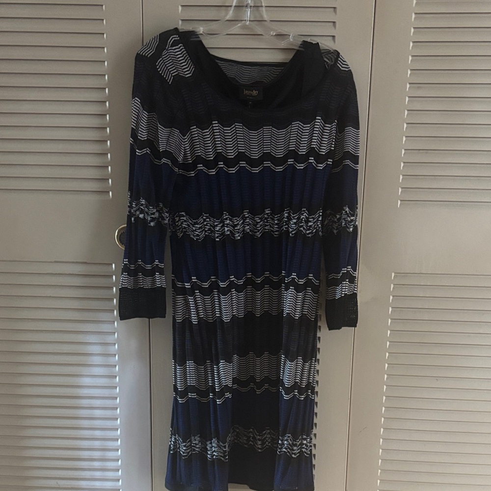 Laundry By Shelli Segal Striped Black and Blue Long Sleeve Dress